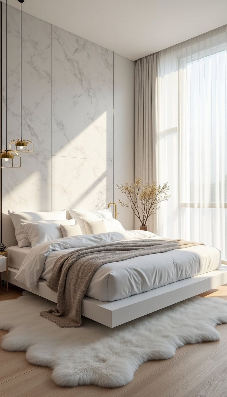 Minimalist contemporary bedroom with white platform bed, marble feature wall, gold pendant lights, sheepskin rugs on bleached wood floors, and floor-to-ceiling windows with sheer curtains.