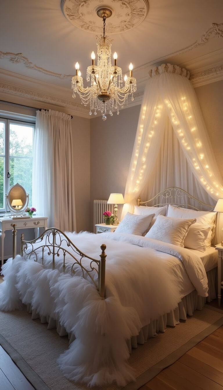 Victorian-style romantic bedroom with white metal bed, layered bedding, chandelier, antique vanity, and glowing warm lighting at dusk.