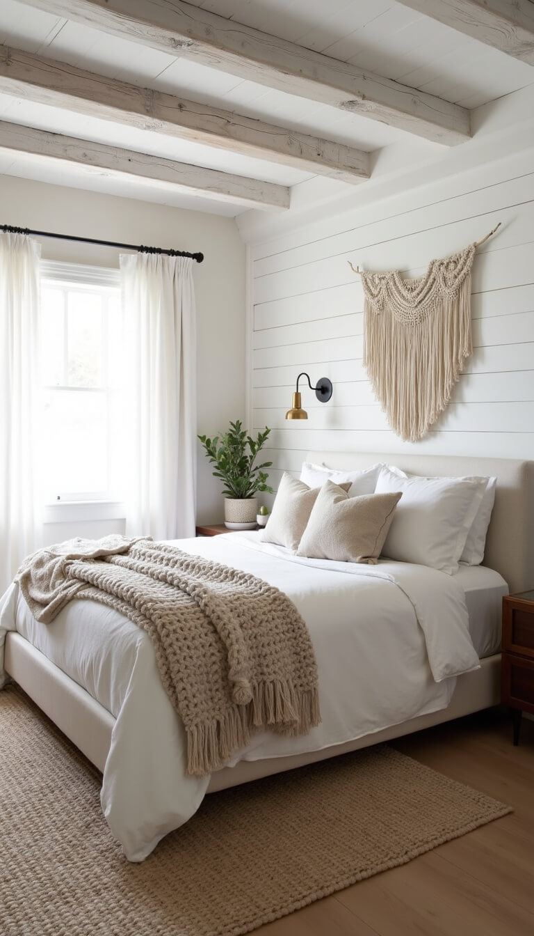 Modern farmhouse bedroom with king bed, white shiplap walls, wool throws, macramé wall hanging, and vintage brass sconces in natural light.