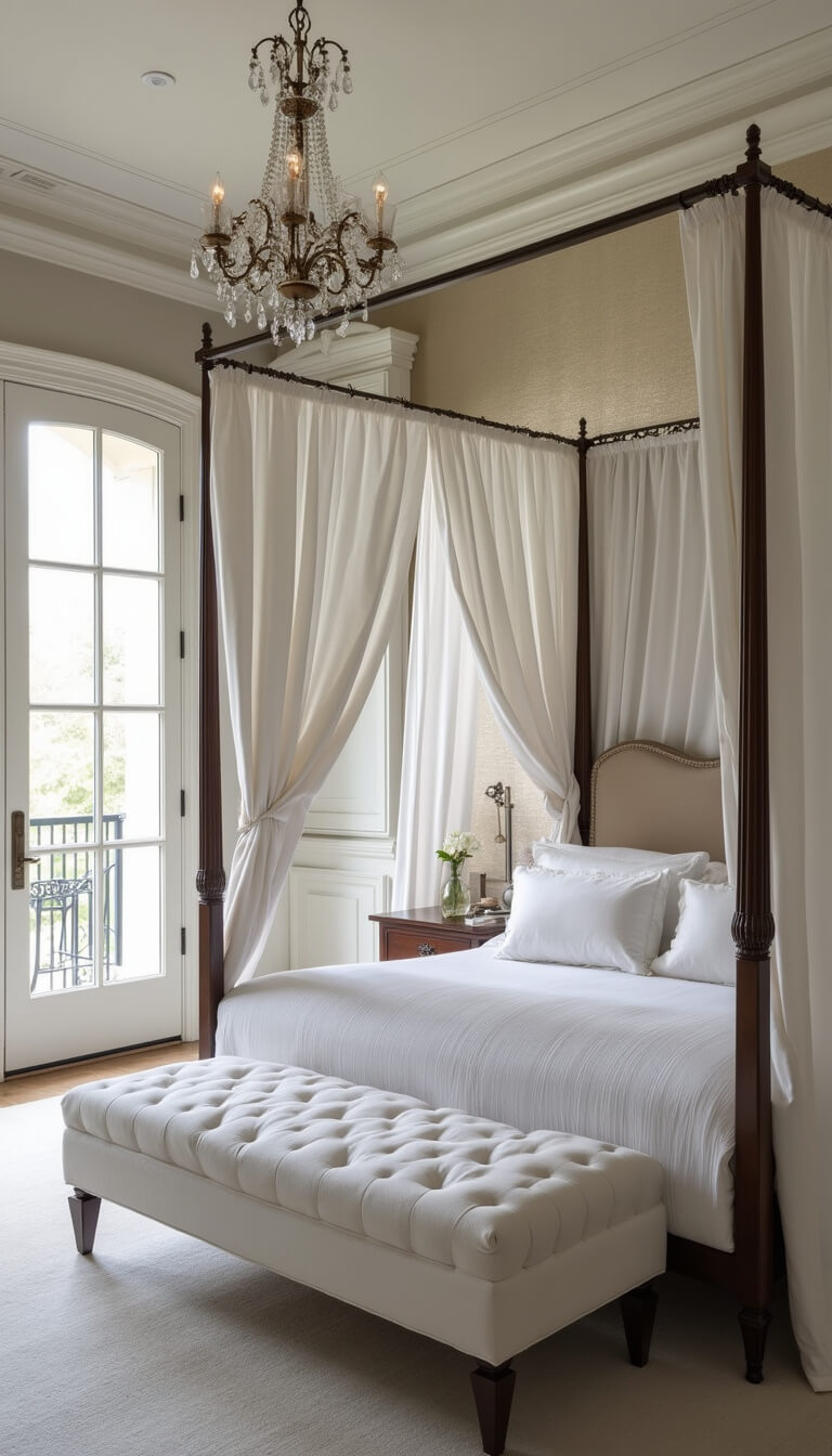 Elegant master suite with four-poster bed, white velvet chaise, crystal chandelier, and metallic wallpaper, viewed from above in soft morning light.