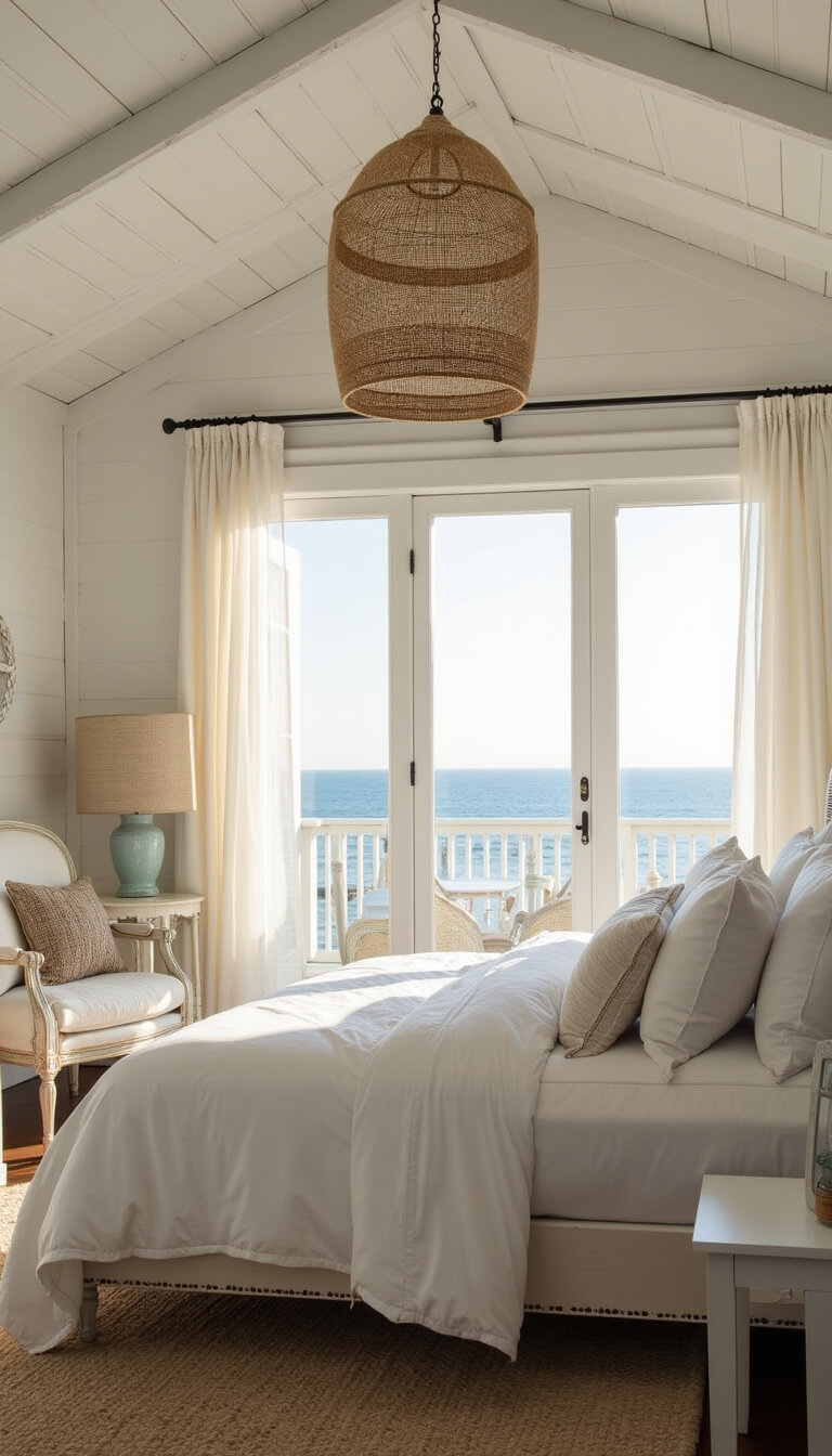 Coastal-themed 15x16ft bedroom with white linens, rope pendant lights, sheer curtains, and weathered white furniture at golden hour.