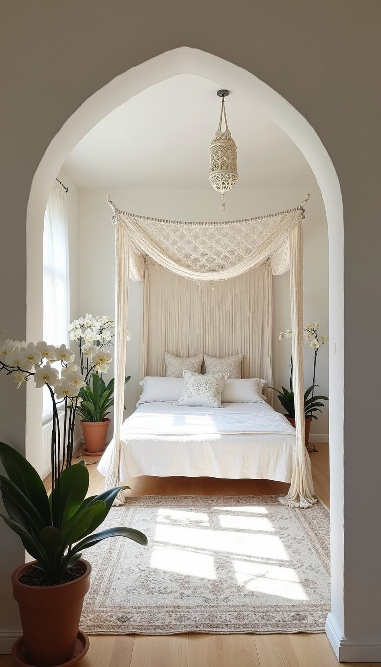 Bohemian white bedroom with low platform bed, orchids, macramé canopy, Moroccan lanterns, and layered vintage rugs seen through arched doorway.