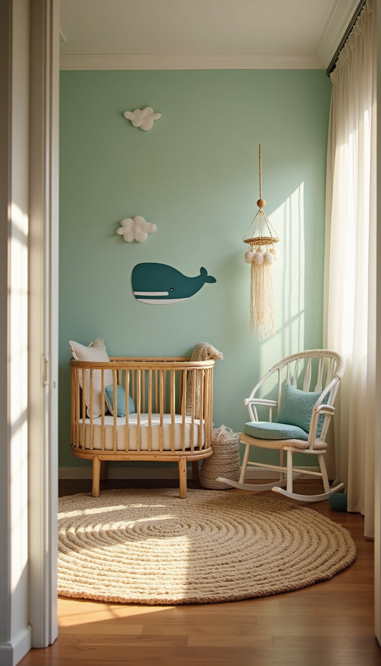 Wide-angle view of a serene 12x14ft nursery with golden hour light filtering through sheer curtains, highlighting a rattan crib centered against a seafoam green wall with a whale mural, layered circular rugs, a white rocker with blue cushions, and a macramé jellyfish mobile casting soft shadows.