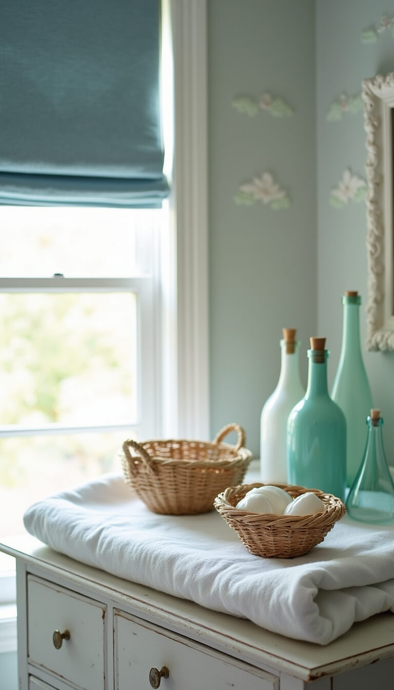 Close-up of nursery corner at dawn with coastal blue shades, white changing table styled with seagrass baskets, shell ceramics, sea glass bottles, and wave-patterned pearl wallpaper.