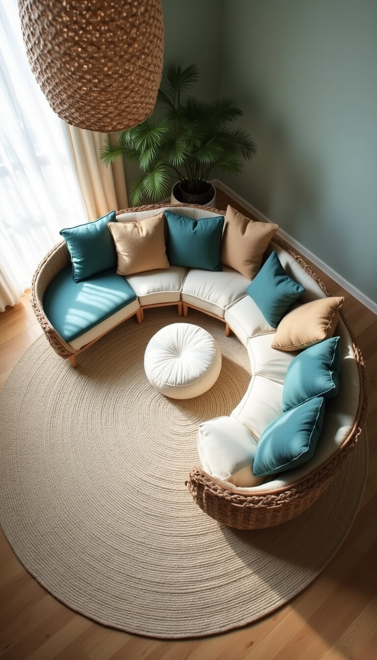 Overhead view of nursery with circular seating around white pouffe, surrounded by teal, aqua, and sand cushions on a wave-patterned rug, under a rattan pendant lamp.