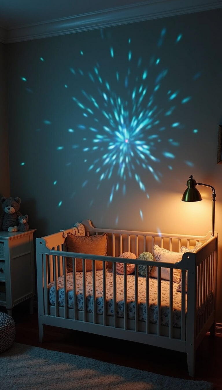 Crib nook at twilight with underwater-themed lighting, coral reef wall decals, wave-patterned organic bedding, and brass maritime lamp glowing warmly.
