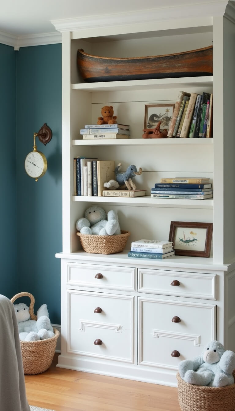 Nursery with tall built-in bookshelf styled with vintage nautical décor, weathered boat shelf, and plush sea creatures; white shiplap walls and deep teal accent wall in warm morning light.