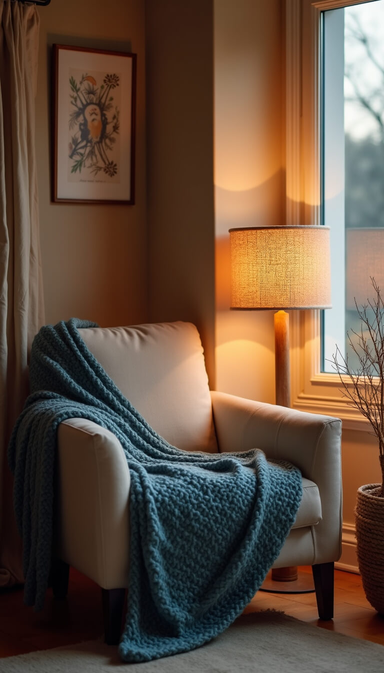 Cozy nursing nook at dusk with a sand-colored linen armchair, marine blue knit throw, and warm rope-wrapped floor lamp.