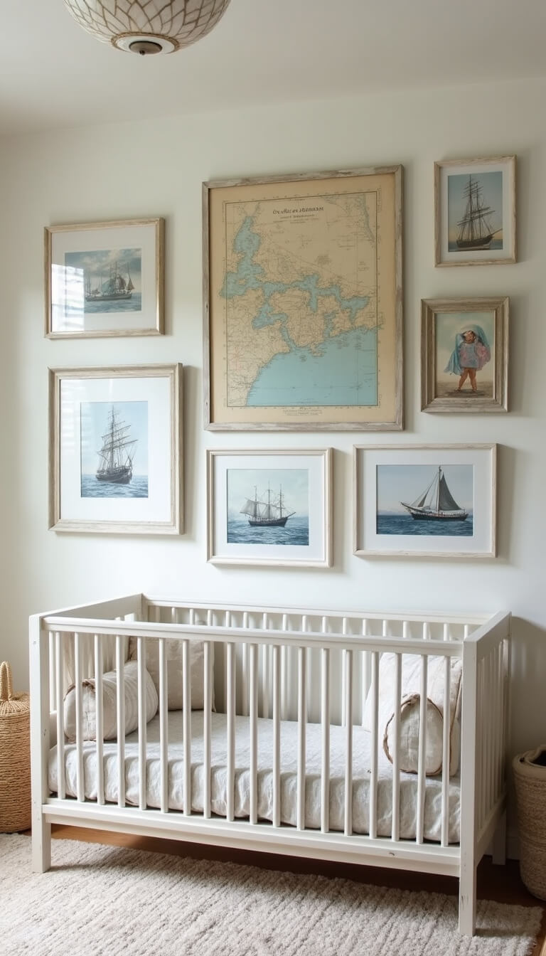 Nursery wall gallery with vintage maritime maps, sea life prints, and beach photos in white frames, lit by natural daylight.