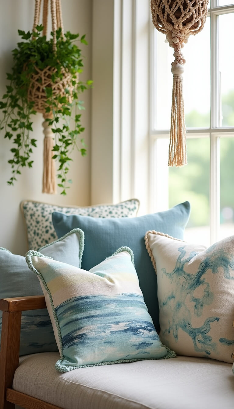 Close-up of window seat with ocean-print cushions, shell garlands, and macramé plant hangers in soft morning light.
