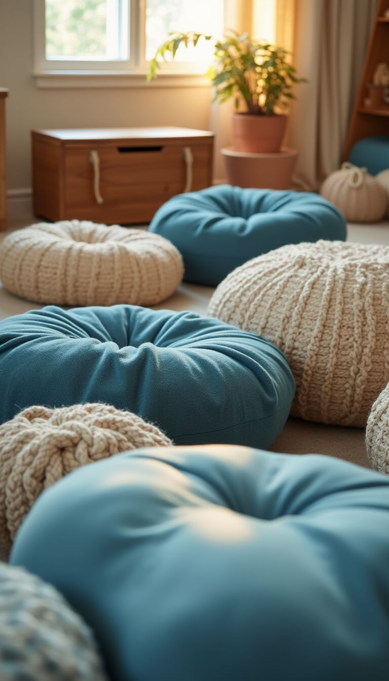 Low-angle view of toddler play area with blue floor cushions, natural fiber pouf, and wooden toy chest with rope handles at golden hour.