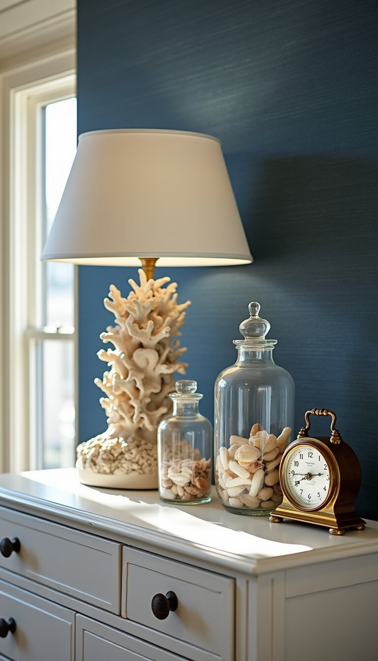 Dresser vignette with coral lamp, vintage apothecary jars of shells, and brass maritime clock against indigo grasscloth wallpaper.