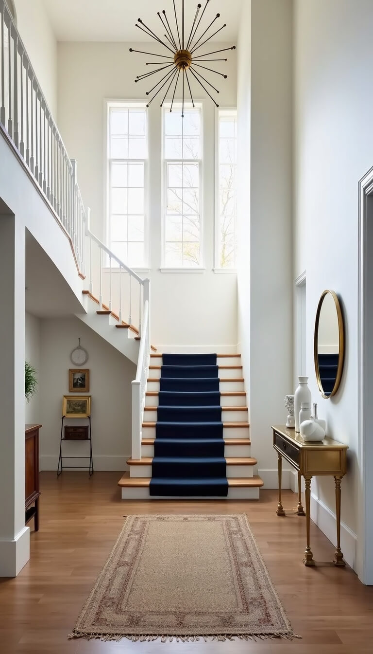 Grand staircase entryway with white oak stairs, navy runner, brass chandelier, and morning light streaming through tall windows.