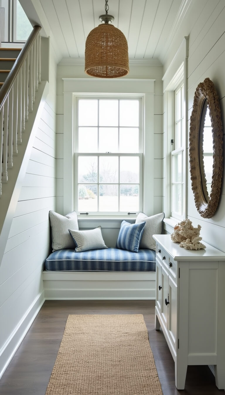 Coastal staircase nook with seagrass runner, built-in window seat, driftwood mirror, and coral decor in natural afternoon light.