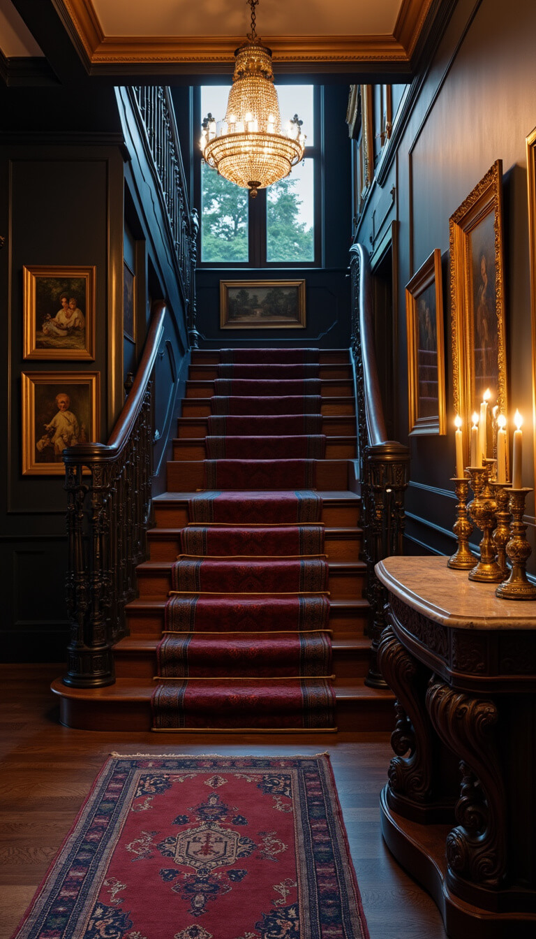 Moody traditional entryway at dusk with mahogany stairs, wrought iron balusters, navy walls, vintage Persian runner, crystal chandelier, gold-framed paintings, and carved console with brass candlesticks.