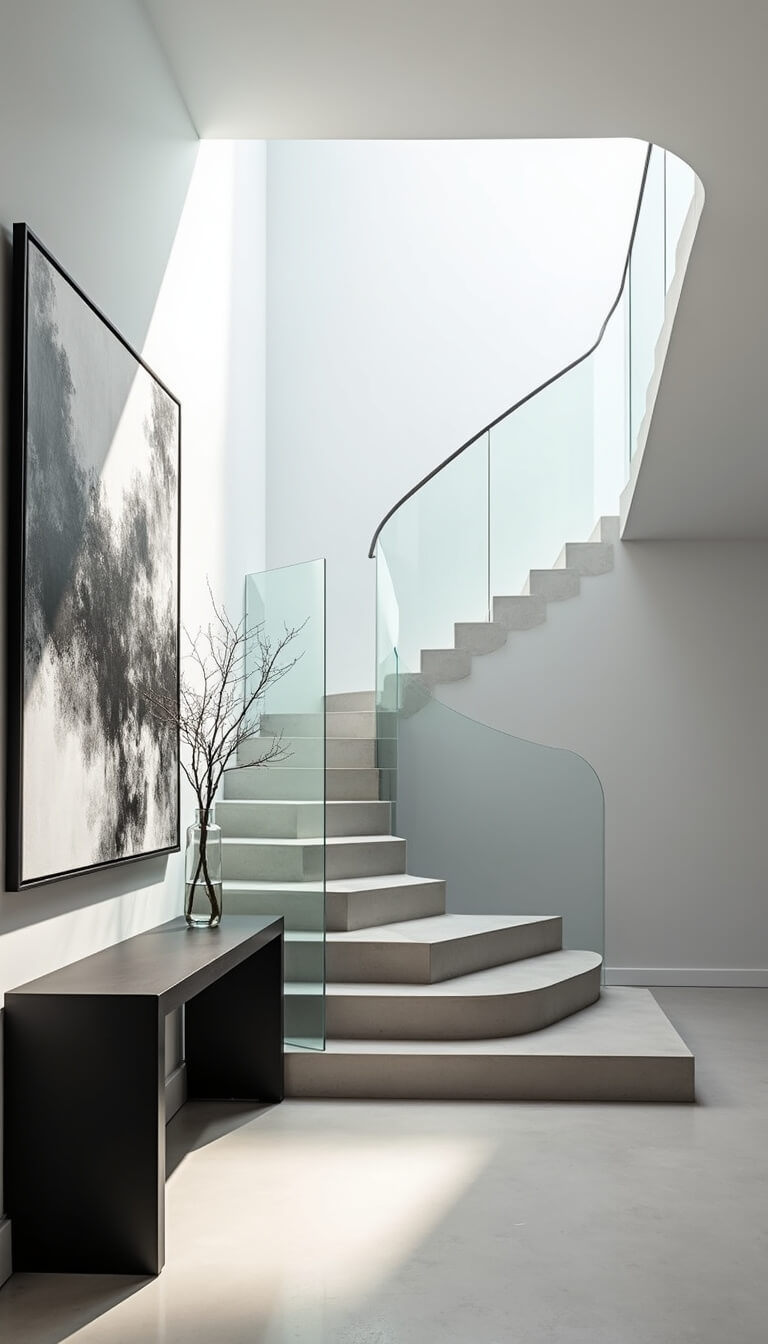 Minimalist floating concrete staircase with glass balustrade against white walls, dramatic abstract black-and-white canvas, matte black console table with sculptural branch in clear vase, and high-contrast midday lighting highlighting geometric forms.