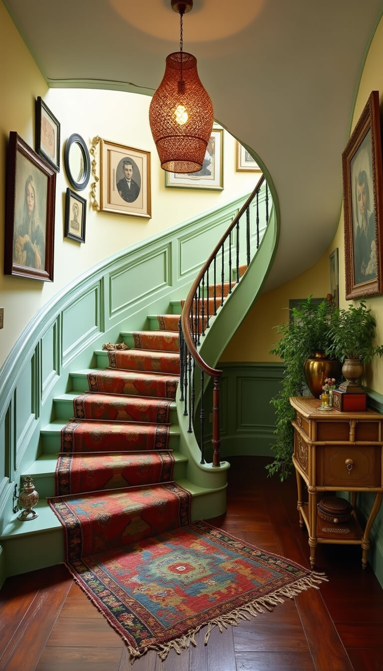 Eclectic bohemian stairway with sage green curved Victorian staircase, vintage kilim runner, rattan pendants, gallery wall, and antique bamboo console in morning golden light.