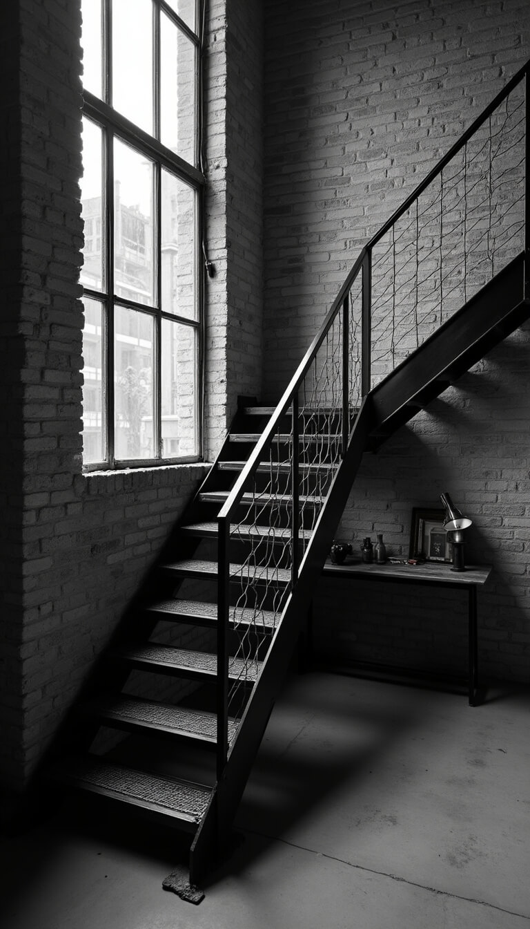 Industrial loft staircase with black metal mesh treads, exposed brick wall, and large factory windows at twilight; dramatic side lighting highlights textures.