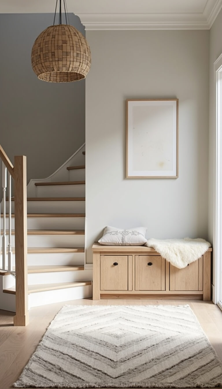 Scandinavian-style entryway with pale wood stairs, cream runner, built-in bench, and soft morning light.