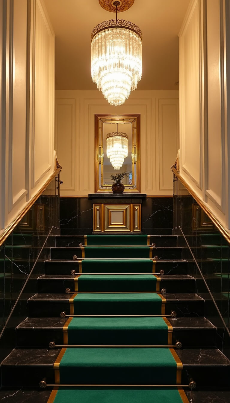 Art Deco entrance at night with black marble stairs, brass inlay, emerald velvet runner, crystal chandelier, and gold-framed mirrors.