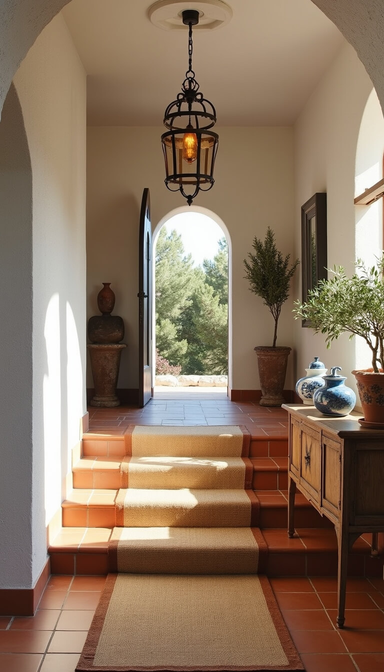 Mediterranean villa entrance with terracotta tile stairs, hand-painted risers, sisal runner, rustic console, potted olive trees, and chandelier, framed by arched doorway in afternoon sunlight.