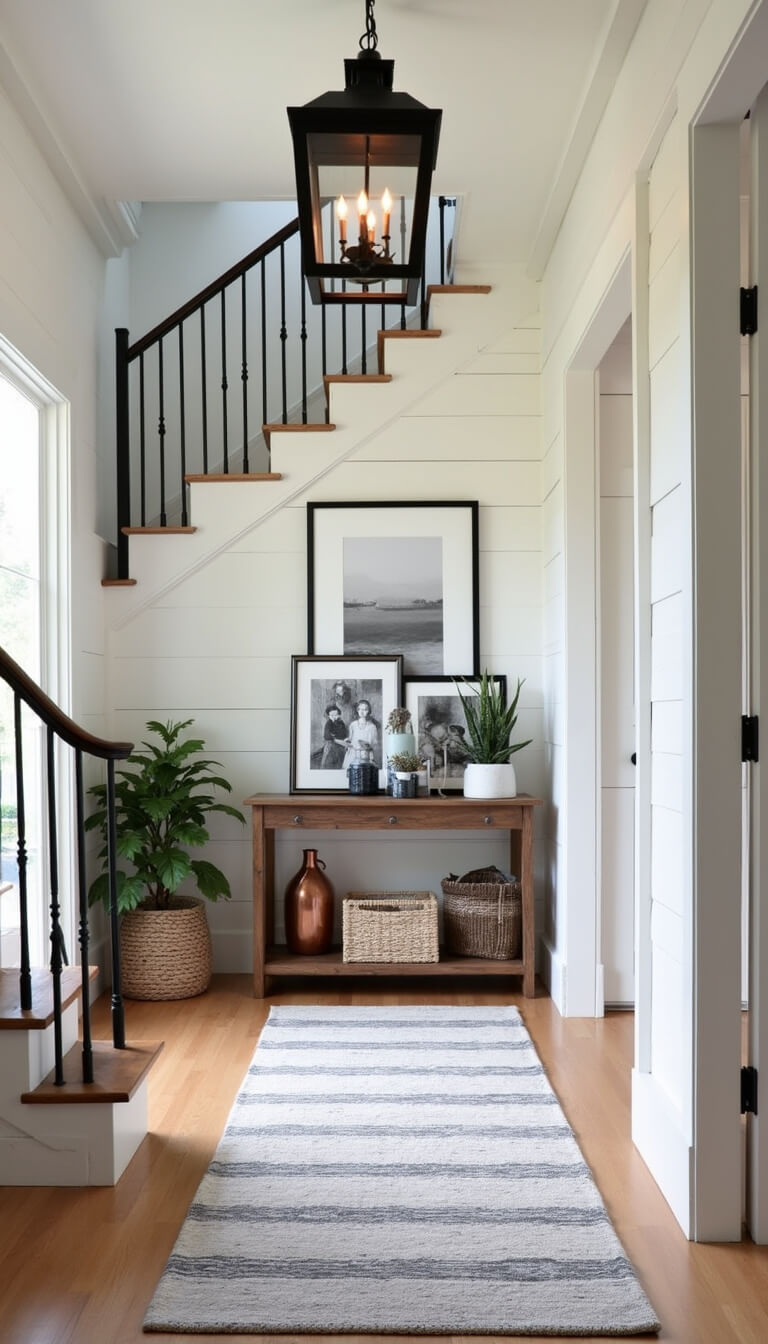 Modern farmhouse entry with white oak stairs, black metal spindles, shiplap walls, striped runner, black lantern pendant, reclaimed wood console, vintage copper decor, and family photos in simple frames.