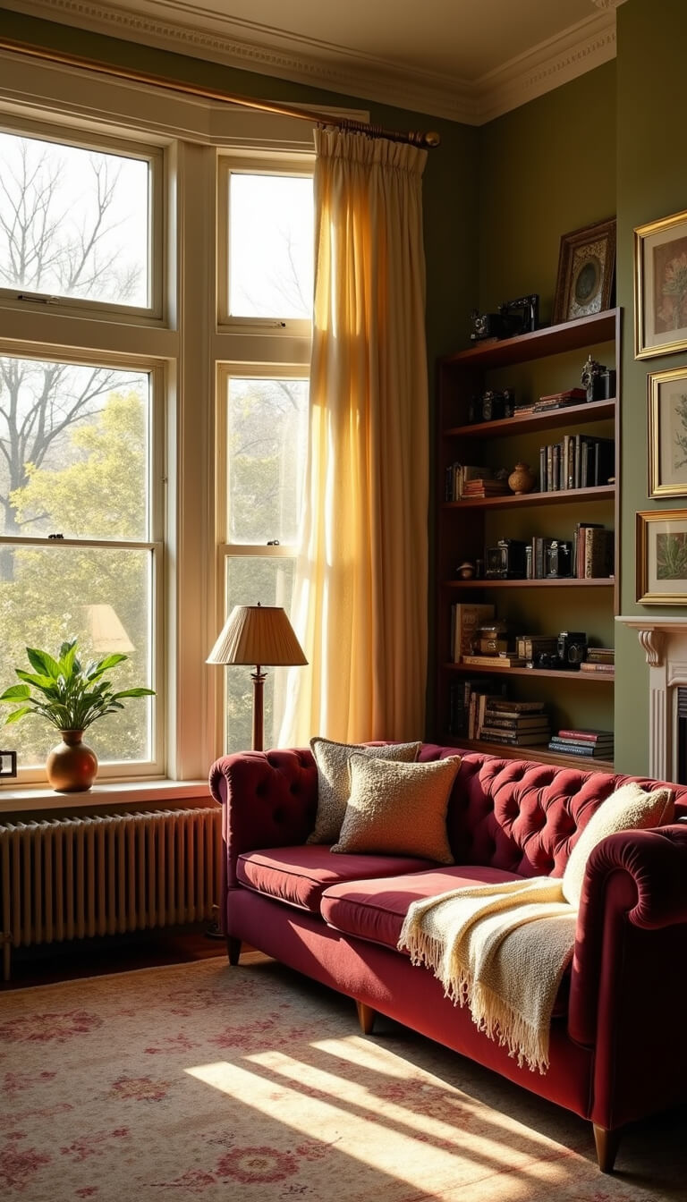 1920s-inspired sunlit living room with burgundy velvet Chesterfield sofa on Persian rug, olive green accent wall with gilt-framed mirrors, brass lamp, and vintage oak bookshelf.