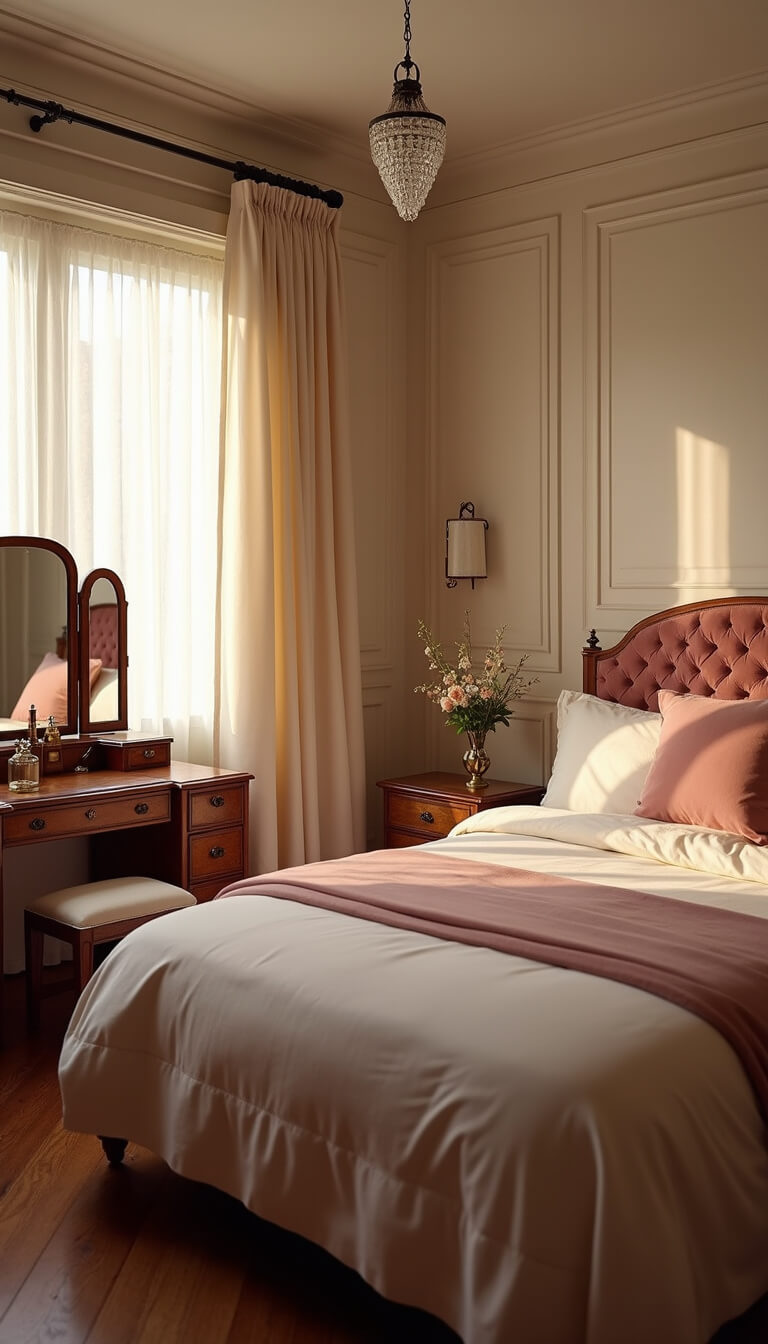 Low-angle view of a cozy pre-war bedroom at dawn, with soft light through sheer curtains, showcasing an Art Deco walnut vanity, vintage perfume bottles, a rose velvet headboard, layered linens, hardwood floors, and a crystal pendant light creating prismatic reflections.