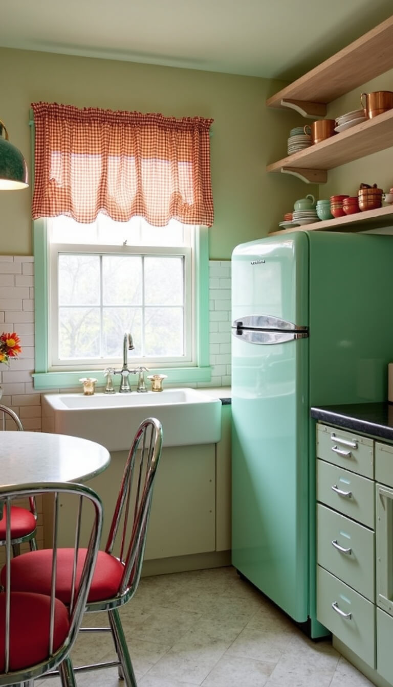 Vintage-style 10'x12' kitchen with mint green retro fridge, open shelves showing jadeite dishes and copper cookware, chrome 1950s dining set with red vinyl seats, and gingham-curtained window above farmhouse sink in soft natural light.