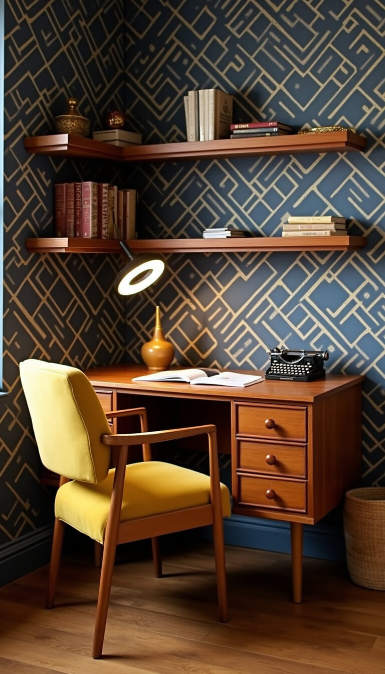 Eclectic home office with mid-century teak desk, mustard yellow chair, navy and gold geometric wallpaper, and vintage decor on floating shelves, warmly lit at dusk.