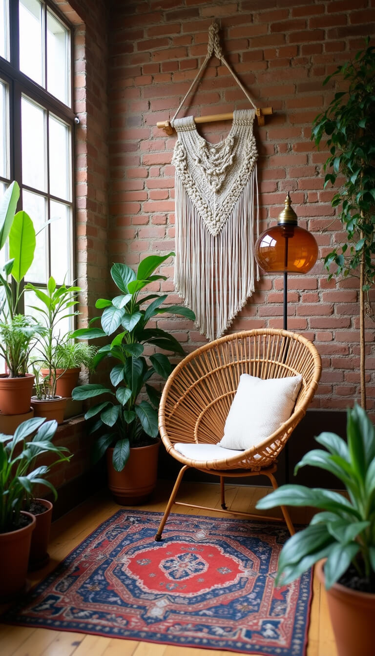 Cozy Bohemian reading nook with rattan peacock chair, macramé wall hanging, layered vintage rugs, brass floor lamp, and potted plants in afternoon light.