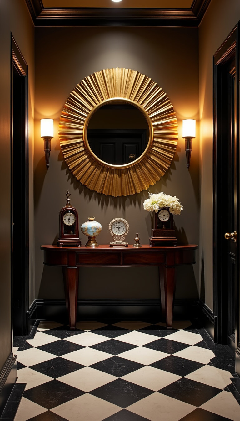 Art Deco entryway at night with checkered floor, gilded sunburst mirror, mahogany console holding vintage clocks, and frosted glass wall sconces.