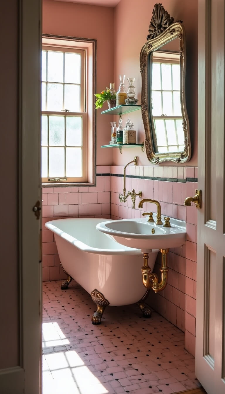 Retro 8x10 bathroom with pink and black tile, clawfoot tub with brass fixtures, pedestal sink, beveled etched mirror, and glass shelf with vintage bottles, lit by morning light through window.