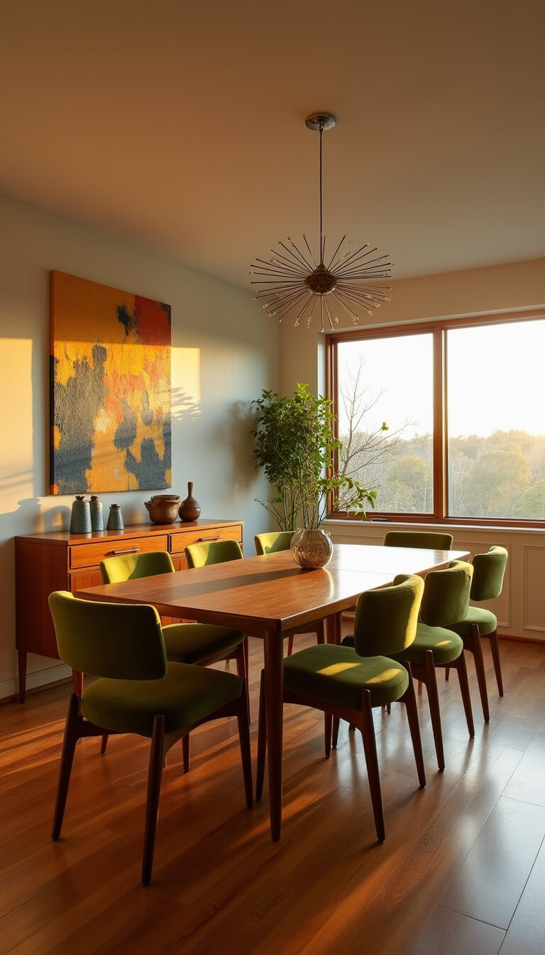 Mid-century modern dining room with teak table, olive green chairs, sputnik chandelier, sideboard with vintage decor, and abstract art, bathed in golden hour light.