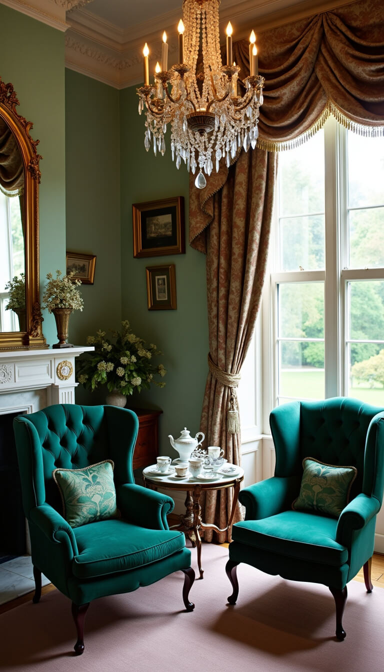 Victorian-style sitting room with emerald velvet wing chairs, marble fireplace, and antique tea cart, bathed in afternoon light.
