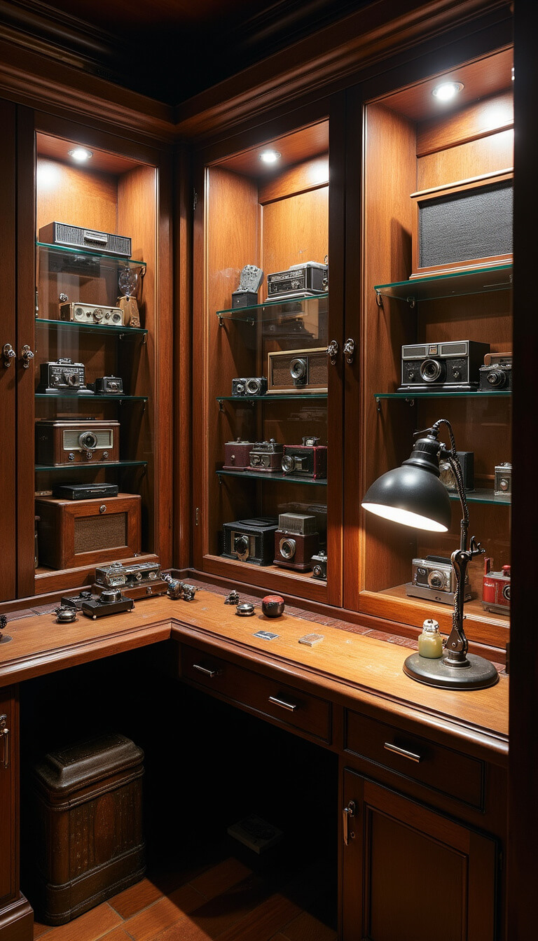 Vintage collector's room with glass cabinets displaying cameras, radios, and timepieces, dark wood walls, and museum-style lighting.