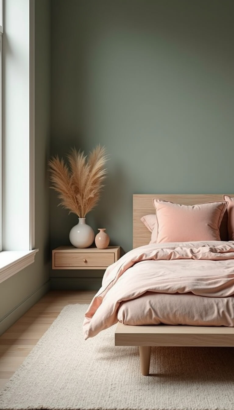 Minimalist Scandinavian bedroom with sage green walls, blonde wood furniture, and peach accents, softly lit by overcast natural light through large windows.