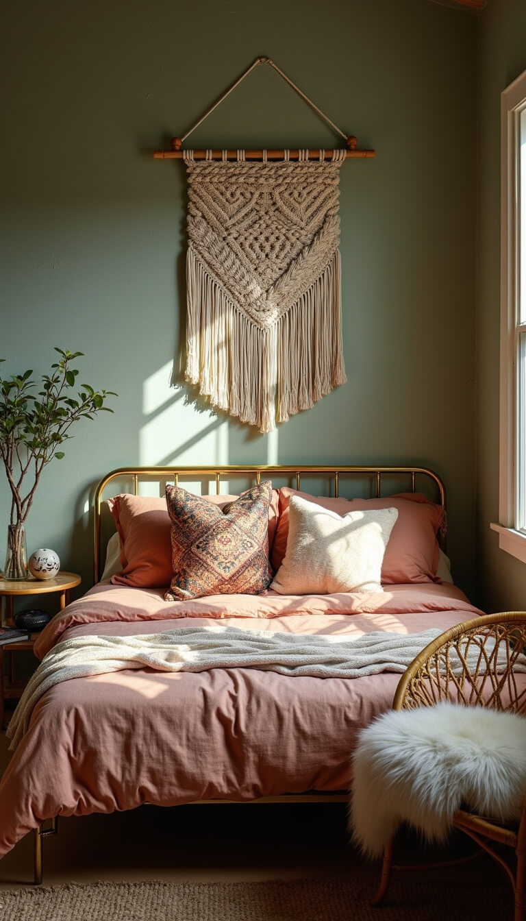 Cozy boho bedroom nook with sage green plaster walls, brass bed frame, peach linens, tribal pillows, rattan chair with sheepskin throw, and moody late afternoon lighting.