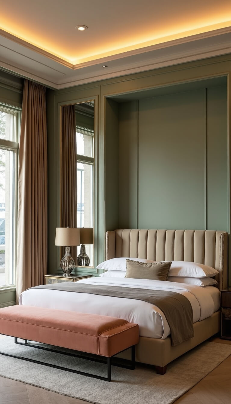 Contemporary luxury 16x20ft bedroom with sage green paneled walls, king bed with channel-tufted headboard, peach velvet bench, silk drapes, chrome and glass accents, and recessed evening lighting, viewed from entrance.