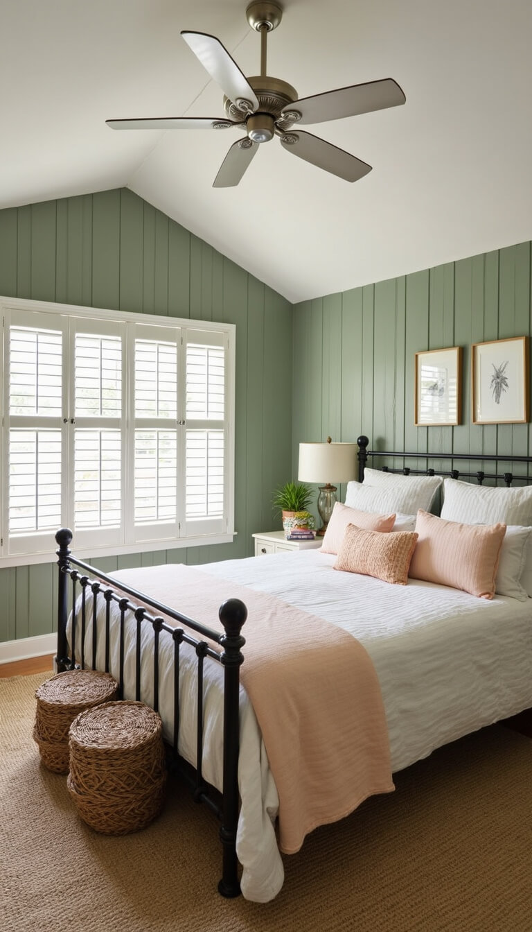 Coastal retreat bedroom with vaulted ceiling, sage green board and batten walls, iron bed with peach and ivory striped bedding, seagrass rug, and beach-themed decor.