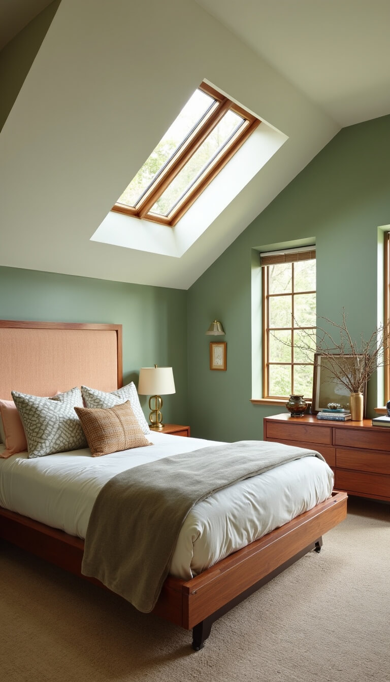 Mid-century modern bedroom with clerestory windows, sage green color-block wall, peach bouclé headboard on platform bed, geometric bedding, walnut furniture with brass accents, bathed in late morning light.