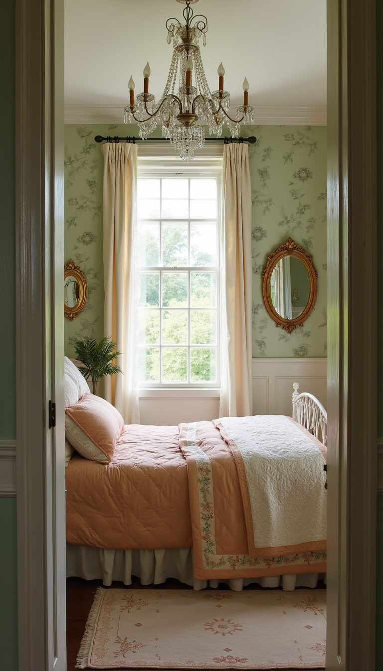 French country bedroom with antique iron bed, peach linens, sage toile wallpaper, lace curtains, and garden view.