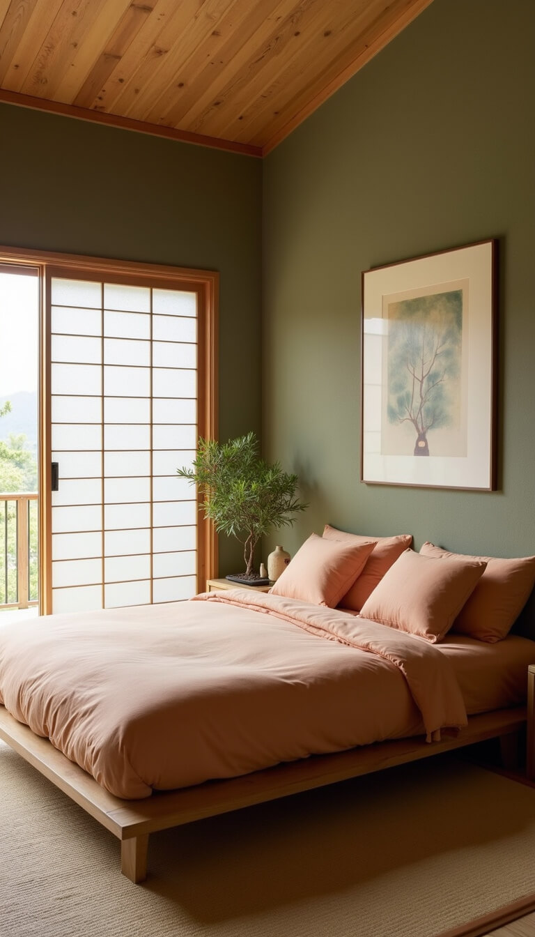 Japanese-style bedroom with sliding shoji screens, bamboo-filtered light, sage green grasscloth walls, low wooden bed with peach bedding, silk cushions, bonsai, and ceramic decor, viewed from a low angle highlighting horizontal lines.