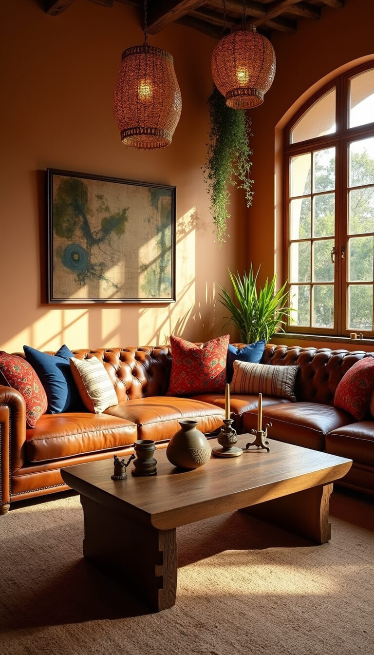 Sunlit living room with high ceilings, arched windows, a cognac leather Chesterfield sofa, mud cloth pillows, carved wood coffee table, brass candlesticks, vintage pottery, rattan pendant lights, macramé, and trailing plants.