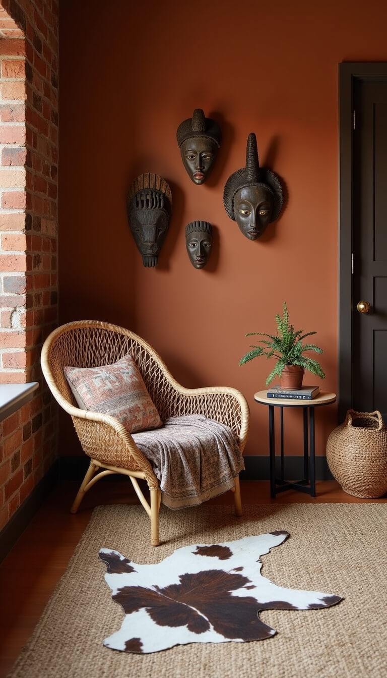 Cozy 15x18ft living space at magic hour with terracotta-painted brick walls, centered rattan peacock chair draped in Kente cloth, layered jute and cowhide rugs, and a gallery wall of masks and traditional art.