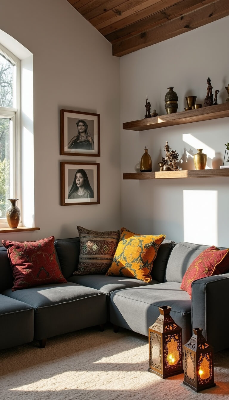 Modern open-concept living space with charcoal sectional, colorful African wax print pillows, floating wooden shelves, and Moroccan floor lanterns.