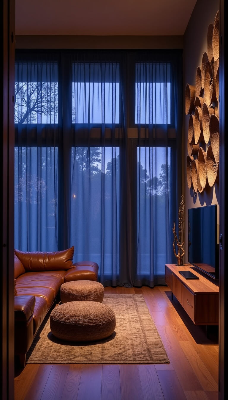 Cozy 16x16ft corner living room at dusk with indigo textiles, leather lounger, mudcloth ottomans, teak media console, and tribal basket wall art.