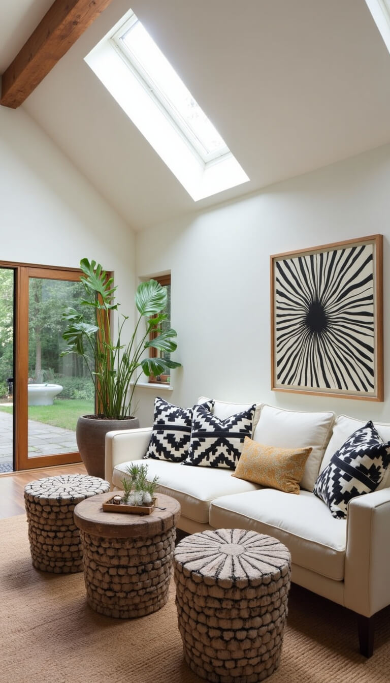 Curved cream bouclé sofa surrounded by vintage African stools in airy vaulted great room with clerestory windows and geometric black-and-white art.