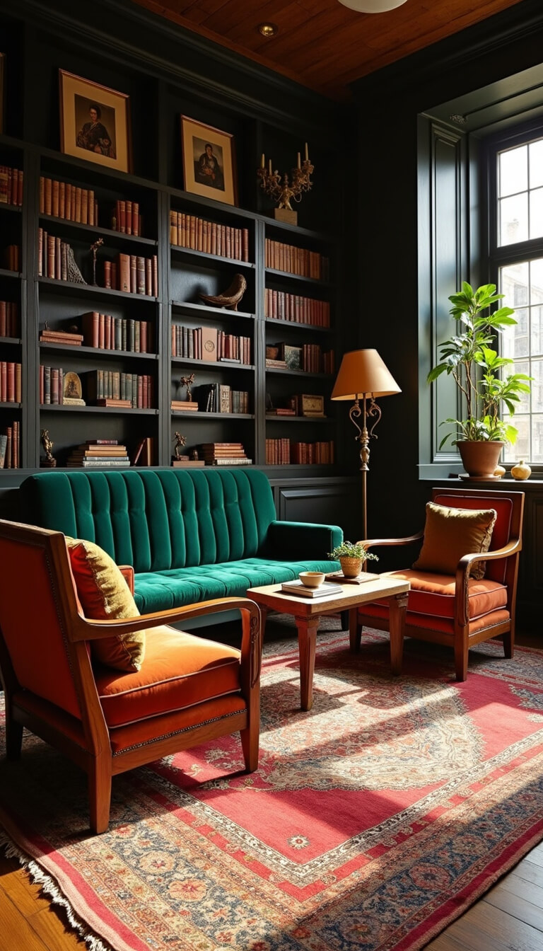 Elegant sitting room with emerald velvet settee, rust accent chairs, vintage Moroccan rugs, and tall bookshelves in golden hour lighting.