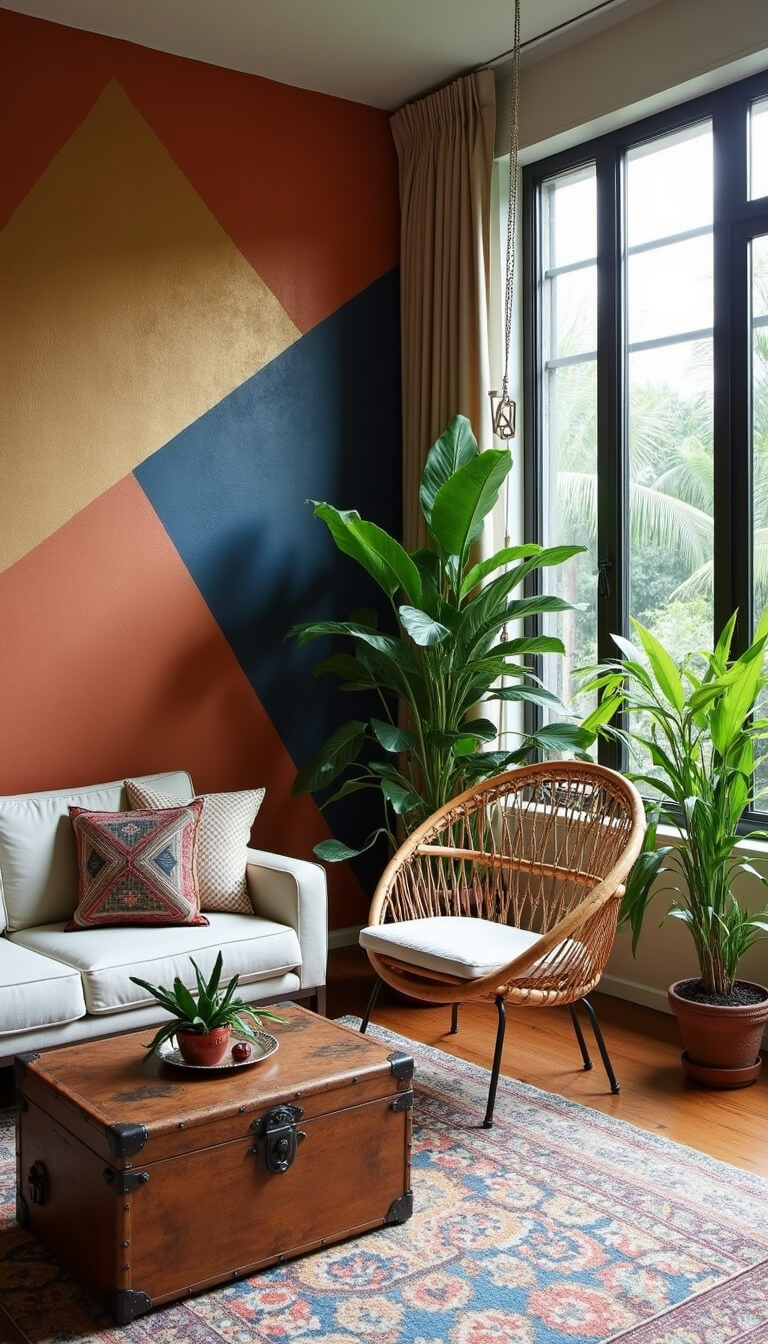 Bright 18x24ft living room with geometric mural, rattan hanging chair by tall windows, tropical plants, and vintage trunk coffee table with beadwork.